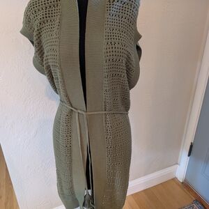 LOFT Olive Green Open-Knit Belted Duster Cardigan